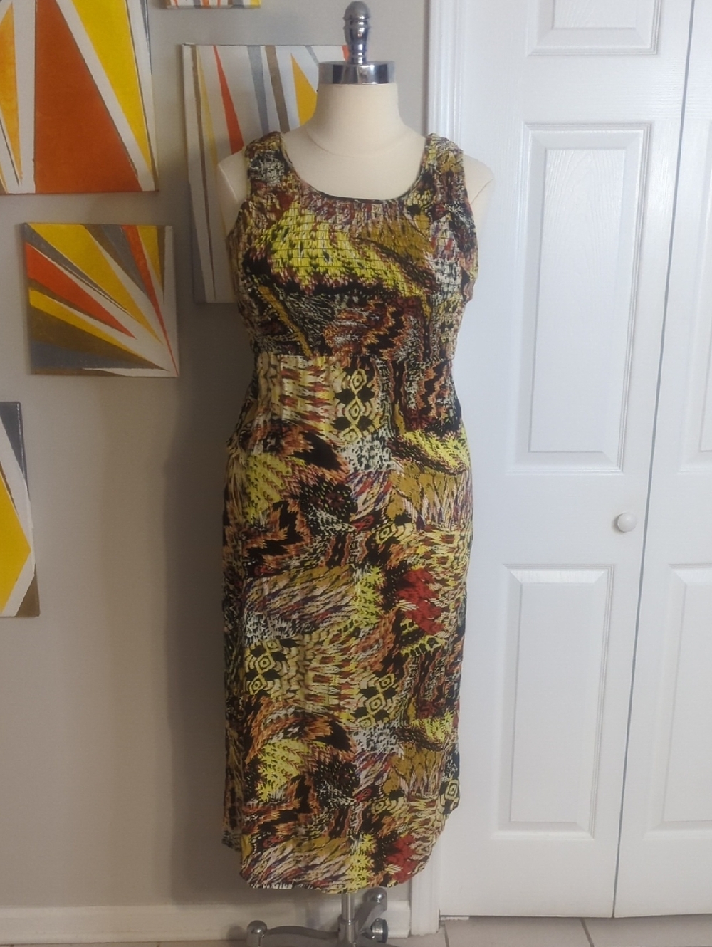 MD: Kim Rogers Sleeveless Maxi Dress in Yellow, Black and Brown Abstract Print